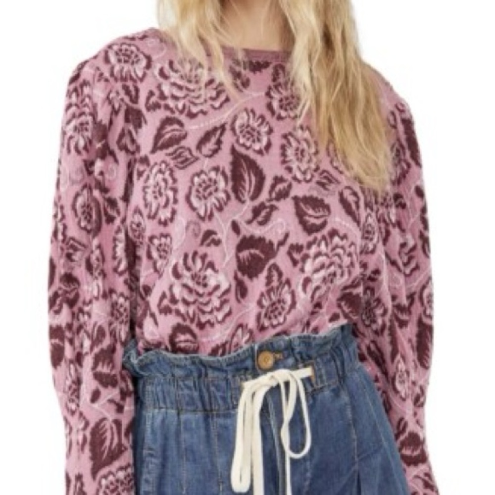 Free People Pink and Brown Floral Long Sleeve Top